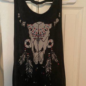 Black acid wash cow skull tank